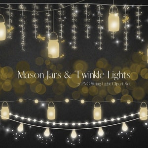 Pode incluir: Ilustração digital de potes Mason e luzes cintilantes em um fundo preto. A imagem apresenta luzes de corda e potes Mason com um brilho suave. O texto "Mason Jars & Twinkle Lights" é exibido.