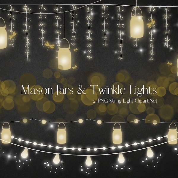 Yellow Mason Jars String lights clipart, Glow Fairy light Clip Art, Transparent Rustic Party Lights, Christmas Lights Wedding Commercial use