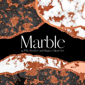 May include: A digital clipart set of 14 marble borders and shapes in black, white, and copper tones. The set includes a variety of shapes and sizes, perfect for adding a touch of elegance to your designs.