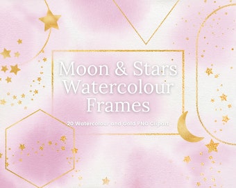 Imágenes prediseñadas de acuarela rosa y marco dorado, imágenes prediseñadas de luna dorada y borde de estrella, superposiciones de marco cuadrado PNG transparente celestial, uso comercial