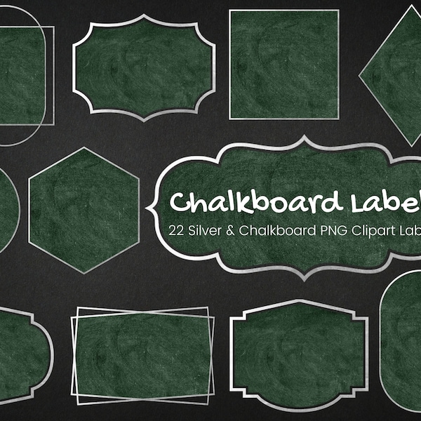 Silver and Green Chalkboard Label Clipart, Chalkboard frames, Tag PNG Label Stickers, Blackboard Chalk Clipart, Commercial Use