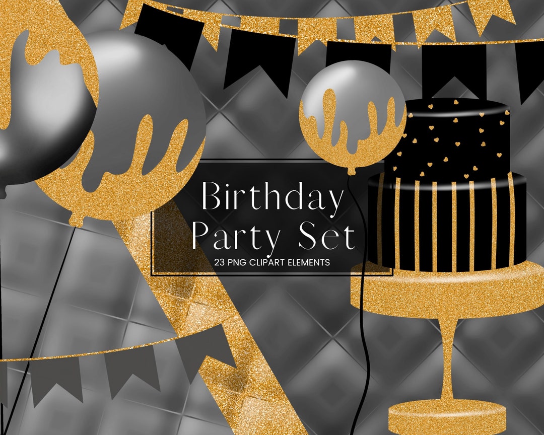 Black and Gold Glitter Birthday Party Clip Art Set, Black Balloon