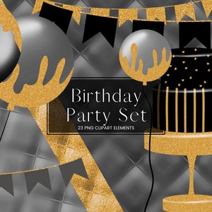 Black and Gold Glitter Birthday Party Clip Art Set, Black Balloon Clipart, Party Decorations, PNG Invitation Graphics, Celebrations Cake
