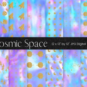 Cosmic Space Digital Paper Background, Gold Glitter Galaxy Texture, 12x12 Pink Blue Digital Scrapbook Paper, Commercial Use