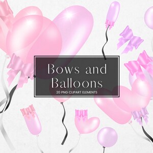 Pink Bow Balloon Clipart, Heart Balloon Digital Party Decorations, Bow Ribbon Clipart, Birthday PNG Invitation Clipart