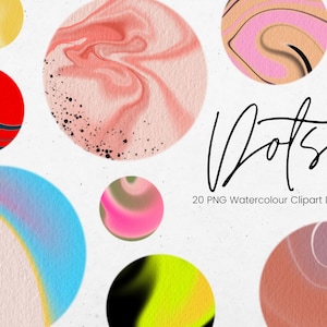 May include: A set of 20 watercolor clipart dots in various colors and patterns, including pink, blue, yellow, green, and red. The dots are perfect for adding a touch of whimsy to your designs.