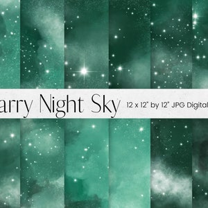 Sterrennacht digitaal papier, groene aquarel textuur, nachtelijke hemel textuur achtergrond, Galaxy scrapbook papier, commercieel gebruik