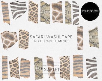 20 Safari Washi Tape Clip Art, Animal Print Digital Washi Tape Clipart, Invitación de boda Scrapbook Cinta Clipart, PNG, Uso comercial