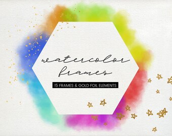 May include: A hexagonal frame with a watercolor background in shades of blue, green, yellow, orange, red, and pink. The frame is surrounded by gold foil stars. The text "watercolor frames" and "15 frames & gold foil elements" is written in black text.