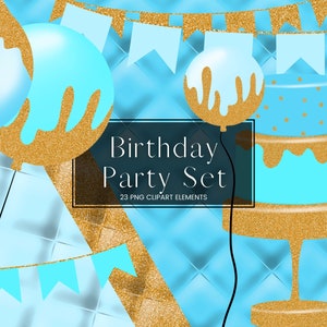Blue and Gold Glitter Birthday Party Clip Art Set, Blue Balloon Clipart, Party Decorations, PNG Invitation Graphics, Celebrations Cake
