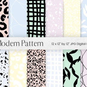 Pode incluir: Conjunto de 10 padrões de papel digital em estilo moderno. Os padrões incluem estampa de leopardo, linhas abstratas, bolinhas e formas geométricas em preto, branco, rosa, azul e verde.
