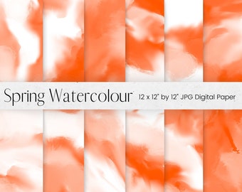 Watercolour Digital Paper, Orange Watercolor Washes Pattern, Background Brush strokes Texture, Printable scrapbook paper