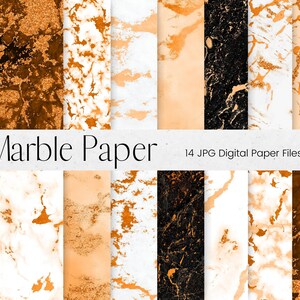 Könnte beinhalten: Ein Satz von 14 digitalen Papierdateien mit Marmormustern in Weiß-, Schwarz- und Goldtönen. Der Text "Marble Paper" und "14 JPG Digital Paper Files" wird oben im Bild angezeigt.
