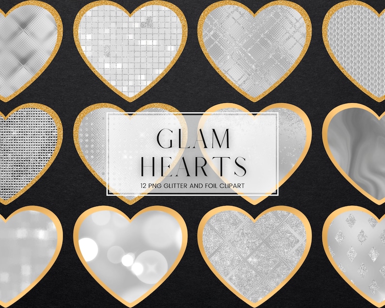 Glam Heart Clipart, Sparkling Silver Glitter Love Heart Clip Art, Gold ...