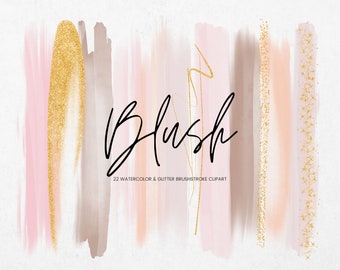Blush Pink Watercolor Brush Stroke Clip Art, Transparent PNG Texture Paint, Glitter Gold Brush Stroke, Digital Watercolor Clipart