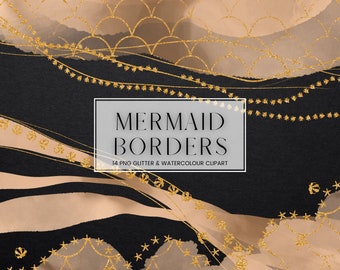 Mermaid Watercolour Border Clip Art, Beige Watercolor Gold Glitter Digital Frames, Transparent PNG Ocean Fish Shell Frames Clipart