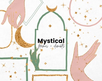 Mystical Clipart Set, Hand Drawn Gold, Pink, Green Frame Clipart, Boho Square Circle Frames, Celestial Hands, Stars and Moon Clip Art