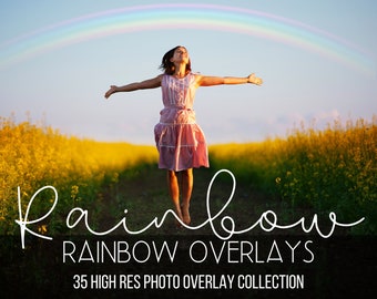 May include: A woman stands in a field of yellow flowers with her arms outstretched, smiling as she looks up at a rainbow in the sky. The text "Rainbow Rainbow Overlays 35 High Res Photo Overlay Collection" is at the bottom of the image.