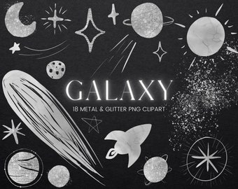 Silver Rainbow Galaxy Clipart, Sparking Silver Glitter Planets Moons Stars, Cosmic Night Sky Overlays, Celestial Transparent PNG Clip Art