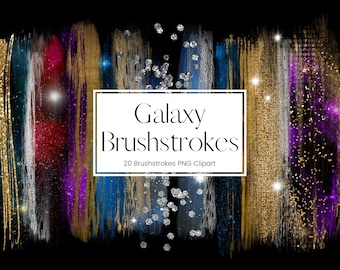 Glitter and Galaxy Brushstrokes Clipart, Silver and Gold Foil Brushstroke, Metallic Paint Clipart, Stars, Space Glitter Paint Brush stroke