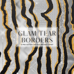 Silver Glam Tear Border Clip Art, Luxury Metallic and Gold Glitter Ripped Border Clipart, PNG Metal Paper Border and Frames