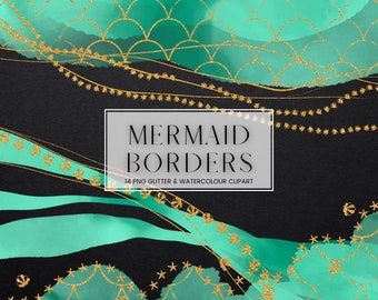 Mermaid Watercolour Border Clip Art, Green Watercolor Gold Glitter Digital Frames, Transparent PNG Ocean Fish Shell Frames Clipart