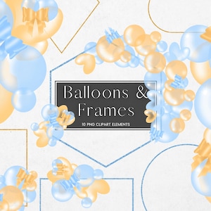 Balloons and Frame Clipart, Gold glitter frames, Blue Arch Balloon Garland, Transparent PNG Birthday Invitation Clip Art