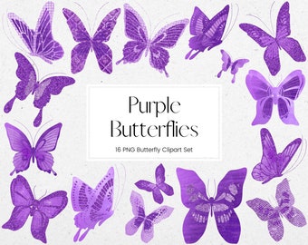 Purple Butterfly Clipart, Foil and Glitter Butterflies, PNG Butterfly Graphics, Birthday Wedding Invitation Clipart, Commercial Use