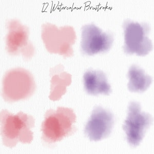 May include: Twelve watercolor brushstrokes in pink and purple shades. The brushstrokes are painted on a white textured background.