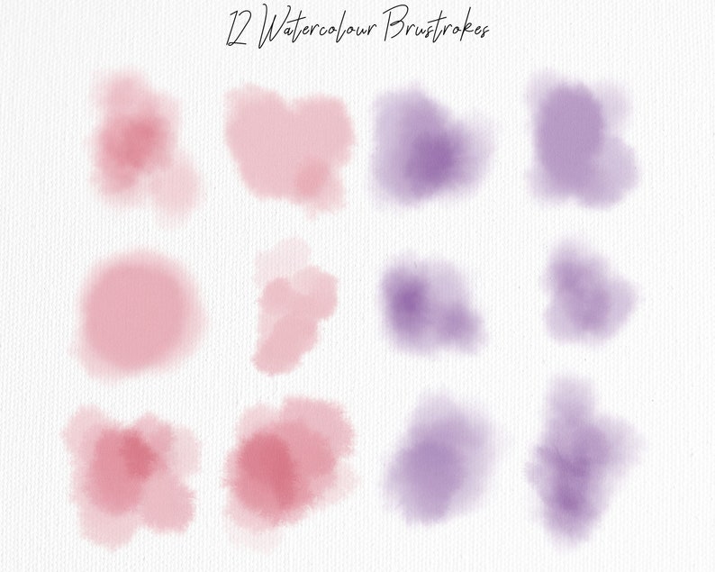 May include: Twelve watercolor brushstrokes in pink and purple shades. The brushstrokes are painted on a white textured background.