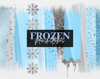 May include: Digital brush strokes in shades of blue and gray with silver glitter accents. The text "FROZEN brushstrokes" is in a black rectangle.