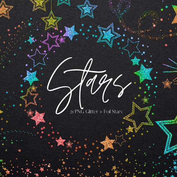 21 Rainbow Glitter Stars Clipart set, Rainbow Glitter Star Frames and Borders, PNG Galaxy Stardust Overlay, Star Clip Art, Commercial Use