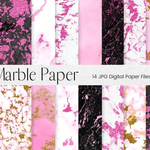 Pink Marble Pattern Digital Paper, Pink, Glitter, Black, White Marble Pattern, Marble Texture Scrapbook Paper, Stone Background Textures