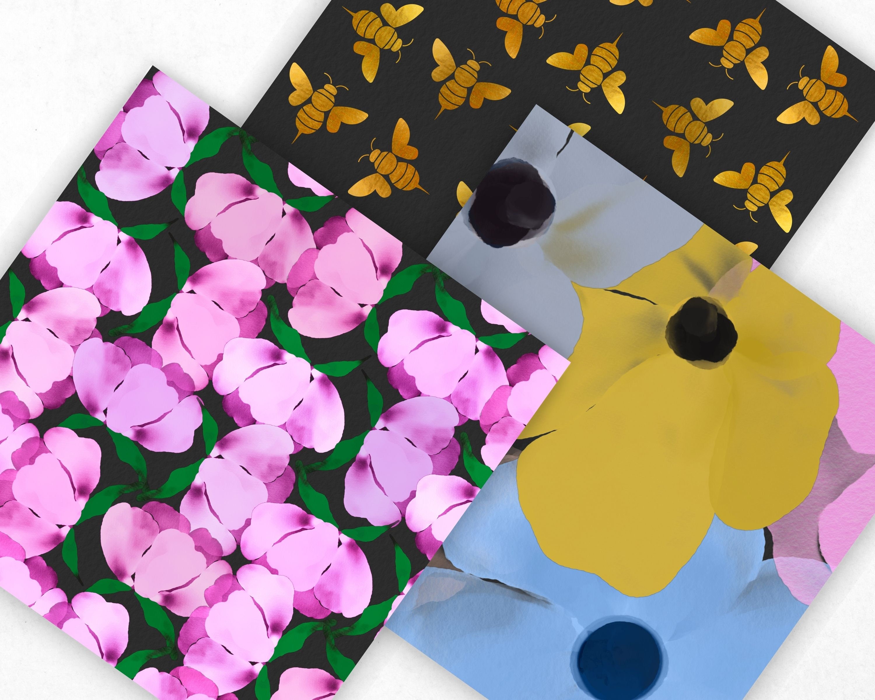 Bee Flower Garden Digital Paper Pattern, Watercolour Flowers Scrapbook ...