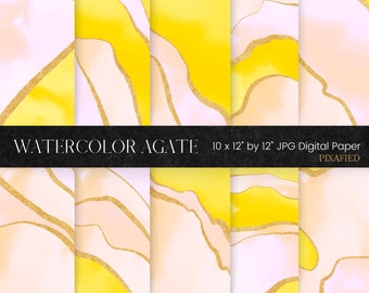 Watercolor Agate Digital Paper, Gold Glitter and Agate Pattern Background , Yellow Watercolour PNG Texture, Modern Geode Scrapbook Paper