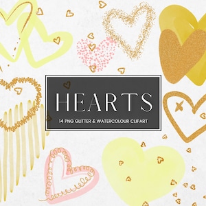 Watercolour and Gold Glitter Heart Clip Art, Yellow, Orange Hand Drawn Hearts Watercolour Clipart, transparent PNG Valentines Day Love Heart