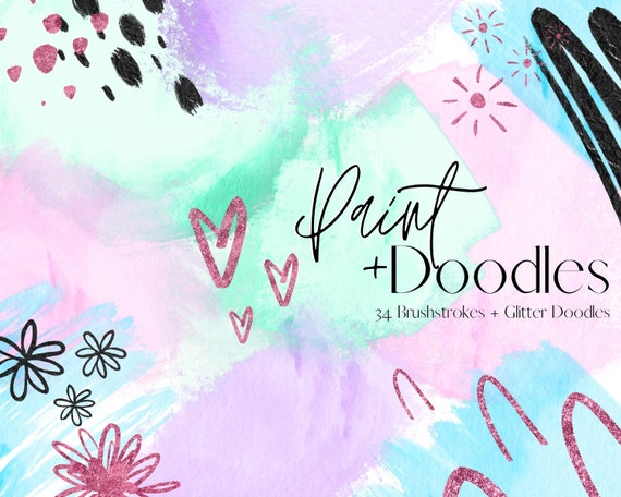 34 Colourful Paint and Glitter Doodle clipart, PNG Pink Green Brushstrokes, Rose Gold glitter and Black Foil Doodles, Watercolour Clip Art