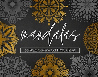 20 zwart en goud aquarel mandala's clipart, PNG Mandala bloem digitaal, Boho spirituele clip art Indiase, Thaise, yoga, commercieel gebruik