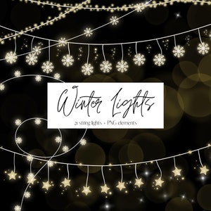 Può includere: Luci a stringa bianche con fiocchi di neve e stelle, su uno sfondo nero con bokeh dorati. Winter Lights, 21 luci a stringa - elementi PNG.