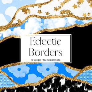 Eclectic Border Clipart, Blue Border Overlays, Transparent PNG Marble, Gold Glitter Border Frames, Invitation Clipart, Commercial Use