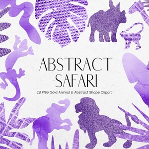 Purple Abstract Animal Clipart, Purple African Safari Clipart Shapes, Transparent PNG Glitter Shapes, Tropical leaves, Lion, Monkey Clipart