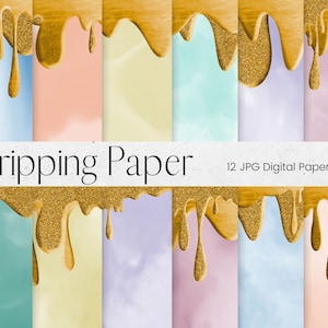 Rainbow Dripping Glitter Digital Paper Pattern, Dripping Gold Scrapbook Paper Pattern, Frosting Background Textures, Commercial Use