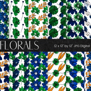 Watercolour Flower Pattern Digital Paper, Green and Blue Floral Background Pattern, Floral Texture Scrapbook Paper, Commercial Use
