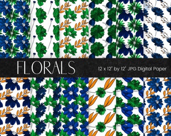 Watercolour Flower Pattern Digital Paper, Green and Blue Floral Background Pattern, Floral Texture Scrapbook Paper, Commercial Use