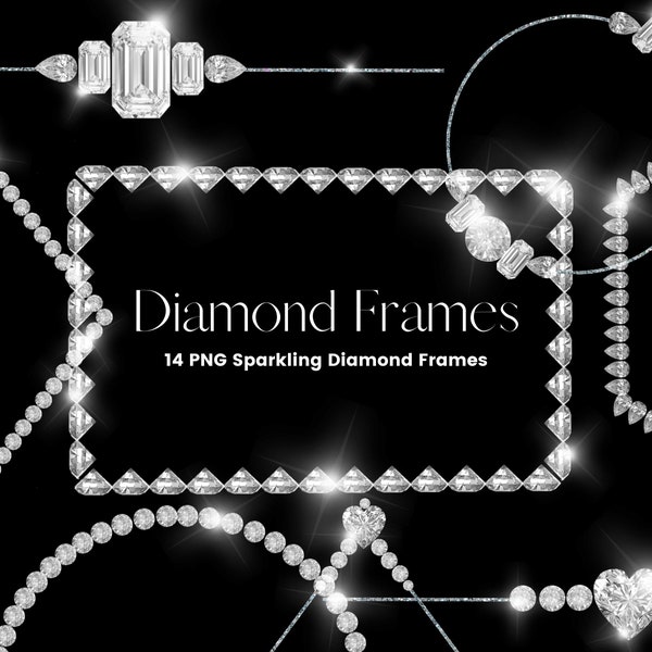 White Diamond Frame Clipart, White Diamond Borders Overlay, Glitter Gems Clip Art, Diamond Circle, Square Frames, Commercial Use