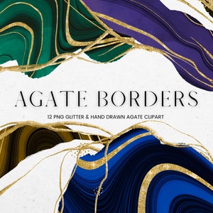 Dark Agate Borders Clipart, Green, Blue Agate Frame Overlay, PNG Gold Glitter Clip Art, Geode Border and Frames, Commercial Use