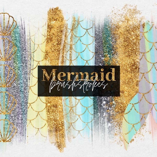 Rainbow Mermaid Brush Strokes Clipart, Gold, Pink Blue Pastel Paint, Glitter Brushstroke Clip Art, PNG Watercolour Paint, Commercial Use