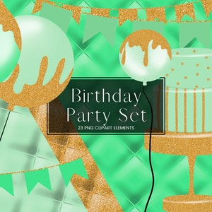Green and Gold Glitter Birthday Party Clip Art Set, Green Balloon Clipart, Party Decorations, PNG Invitation Graphics, Celebrations Cake