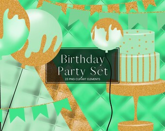 Green and Gold Glitter Birthday Party Clip Art Set, Green Balloon Clipart, Party Decorations, PNG Invitation Graphics, Celebrations Cake