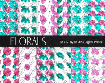 Watercolour Flower Pattern Digital Paper, Pink and Blue Floral Background Pattern, Floral Texture Scrapbook Paper, Commercial Use